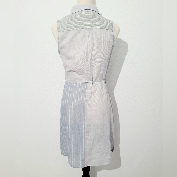 Hem & Thread Sleeveless Shirt Dress Size Small Blue Striped Button Front Tie - Picture 4 of 8